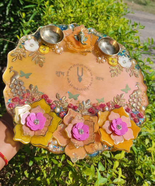 Resin Pooja Thali with Brass Bowls & 3D Flowers - Image 3