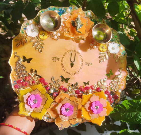 Resin Pooja Thali with Brass Bowls & 3D Flowers - Image 2