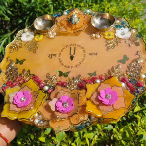 Resin Pooja Thali with Brass Bowls & 3D Flowers