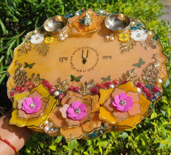 Resin Pooja Thali with Brass Bowls & 3D Flowers