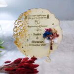 Custom Off-White Ring Platter with Gold Flakes & Metal Stand | Personalized Heart Ring Holder & Engagement Keepsake Frame