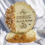 Personalized Engagement Ring Platter with Stand – 8 Inch Upper Platter & 8 Inch Base Tray | Custom Name & Date | Resin Ring Ceremony Tray | Wedding Ring Holder | Golden Pearl Floral Design