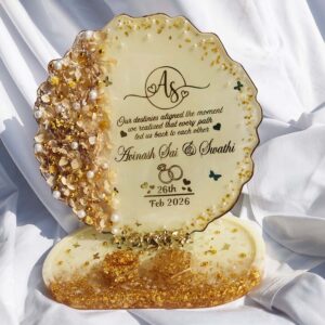 Personalized Engagement Ring Platter with Stand – 8 Inch Upper Platter & 8 Inch Base Tray | Custom Name & Date | Resin Ring Ceremony Tray | Wedding Ring Holder | Golden Pearl Floral Design