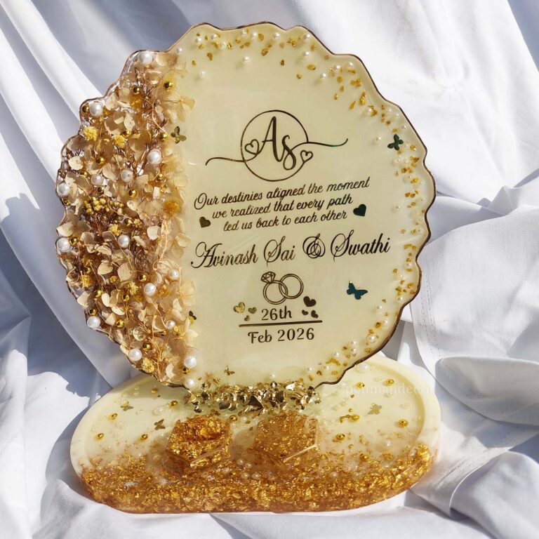 Personalized Engagement Ring Platter with Stand – 8 Inch Upper Platter & 8 Inch Base Tray | Custom Name & Date | Resin Ring Ceremony Tray | Wedding Ring Holder | Golden Pearl Floral Design